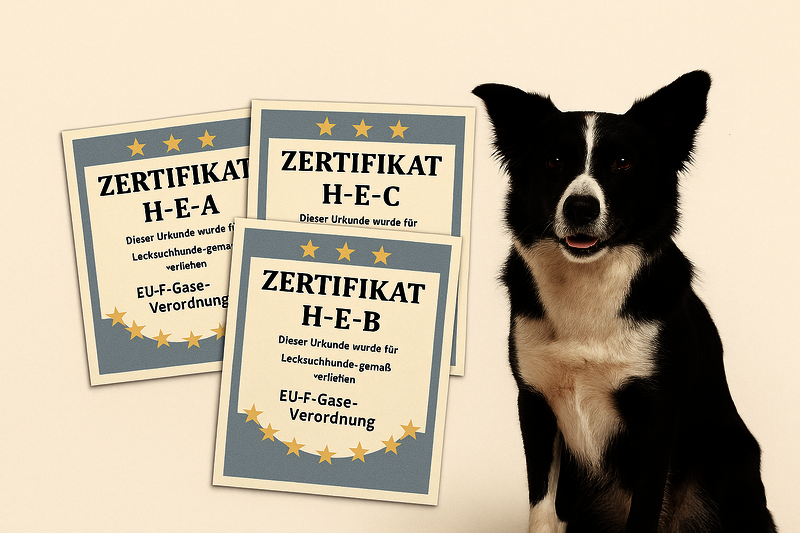 Hund mit den drei Zertifikaten